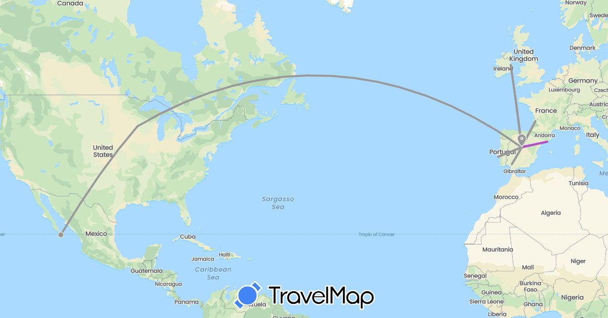 TravelMap itinerary: driving, plane, train in Spain, France, Ireland, Mexico, Portugal, United States (Europe, North America)